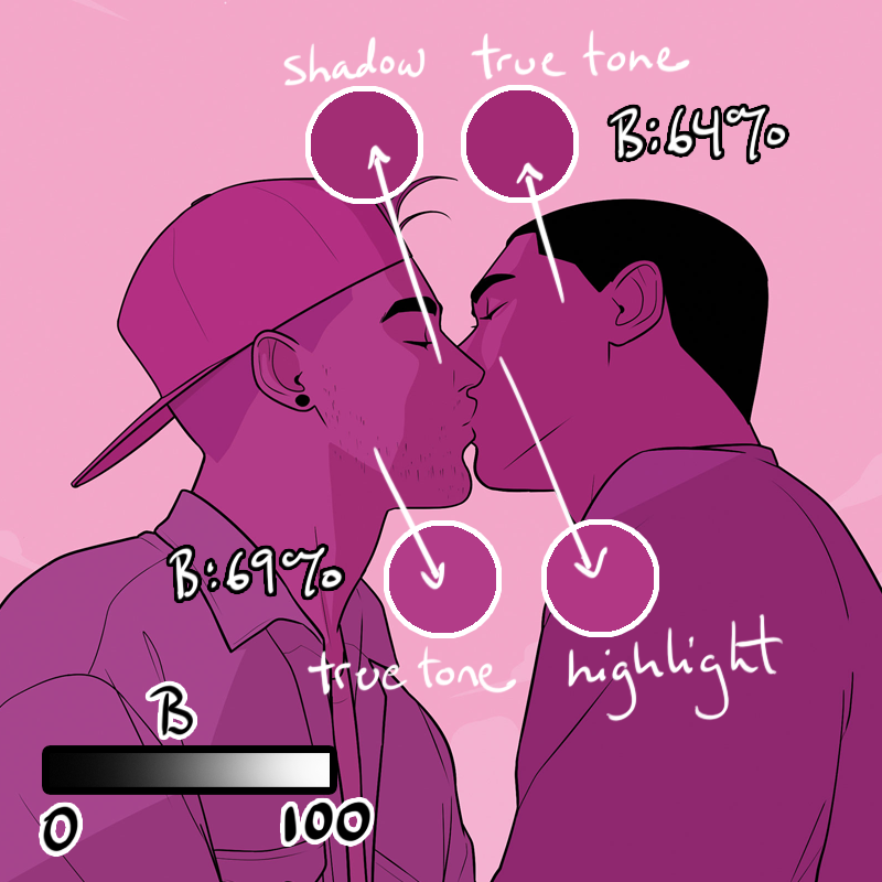 Illustration by Teo DuVall rendered in varying shades of pink and magenta. Two young men kiss. The palette is limited: the same hues that light the darker-skinned boy serve as the local skin tone of the lighter-skinned boy. Meanwhile, the shadow on the lighter-skinned boy's face serve as the local skin tone of the darker-skinned boy.