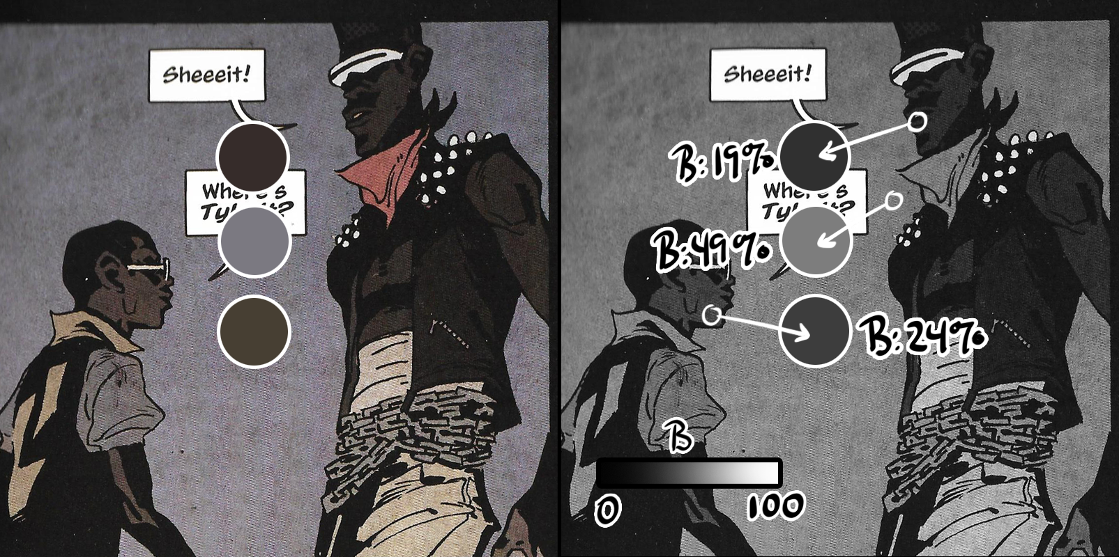 A side-by-side comparison of a panel from the Prince of Cats graphic novel, color version on the left, black and white version on the right. Two characters stand on top of a city building at night. The panel demonstrates how two dark-skinned characters are rendered in a dark color while the sky behind them is a lighter value. The contrast makes the two characters stand out, but even though the sky is a lighter hue, it still reads as a night scene.