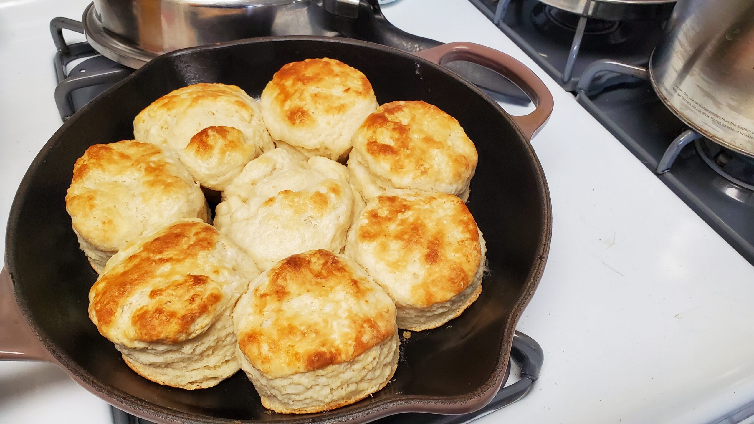 Photo of freshly baked buttermilk biscuits in a cast iron skillet.