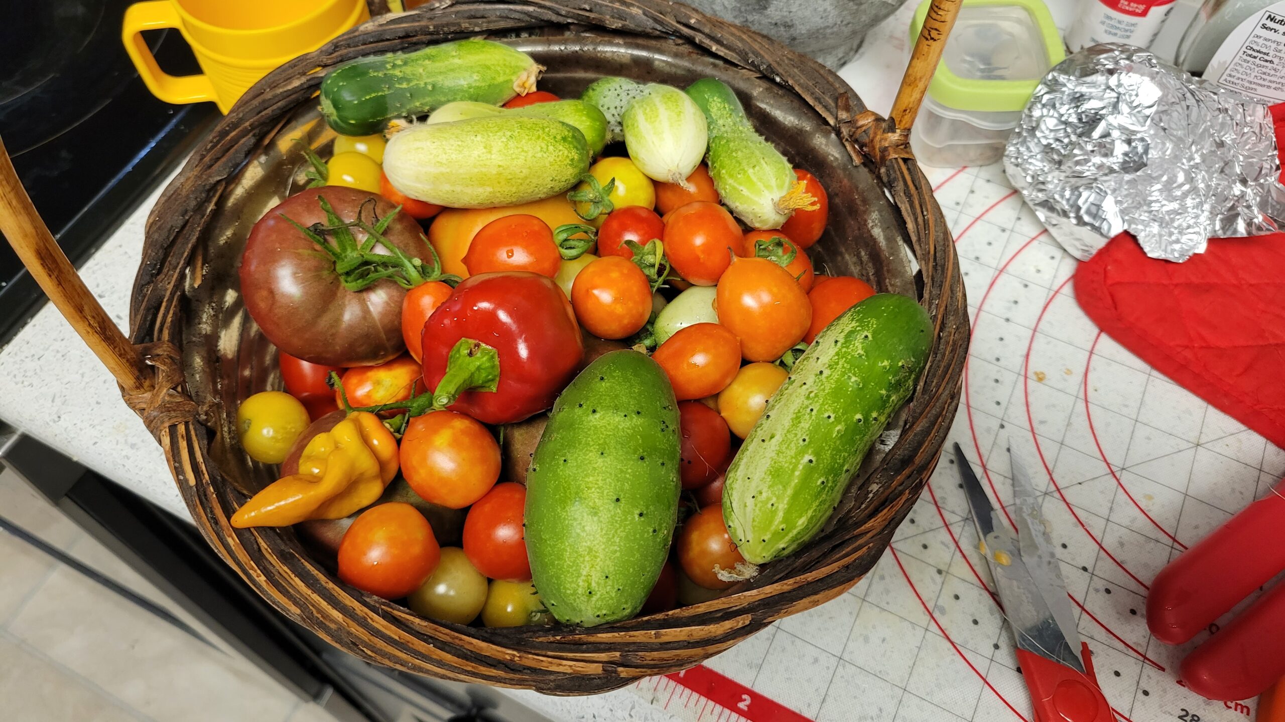 Photo of a basket full of garden-grown vegetables: cucumbers, peppers, tomatoes.