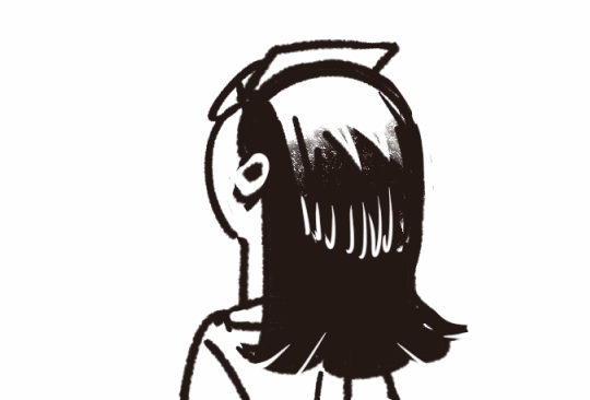 Sketch of the back of a woman's head. She has shoulder-length hair, glasses, and a piece of paper stuck to her forehead.