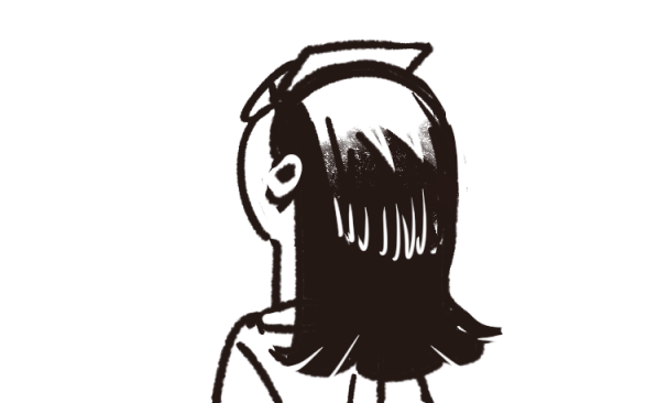 Sketch of the back of a woman's head. She has shoulder-length hair, glasses, and a piece of paper stuck to her forehead.