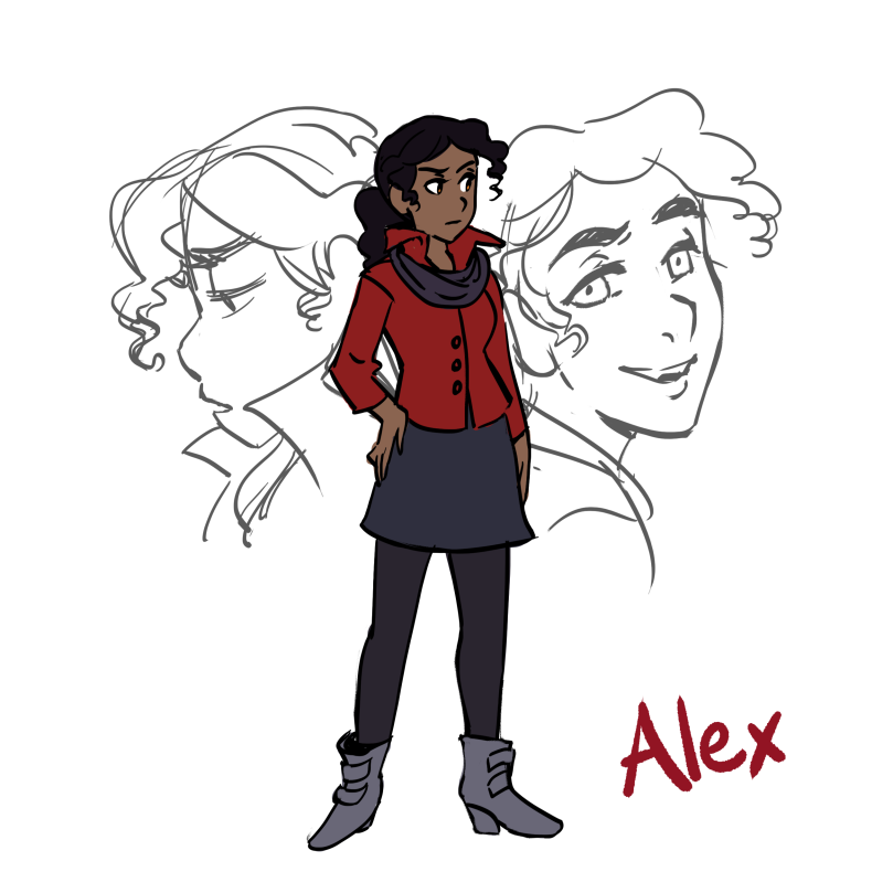 Digital drawing of a Black woman with curly black hair in a ponytail wearing a red jacket, black skirt, black tights, and gray boots.
