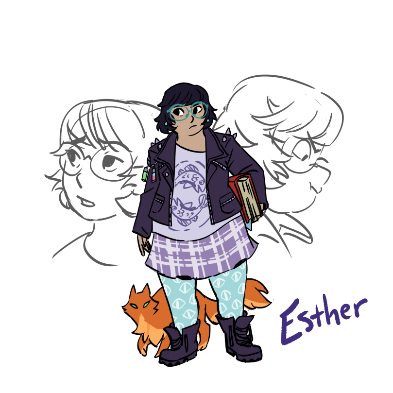 Digital drawing of a teenage Asian girl wearing glasses, a black leather jacket, a graphic tee, a purple plaid skirt, pastel tights with graphic eyes printed all over, and black boots. An orange long-haired cat lurks behind her ankles.