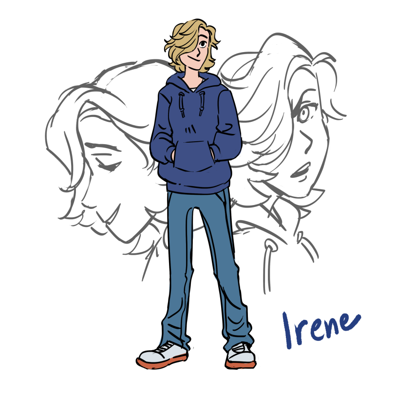 Digital drawing of a tall blonde woman wearing a blue hoodie, blue jeans, and white sneakers. Her hair covers her right eye.