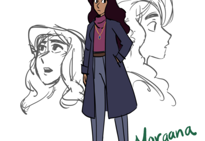Digital drawing of a brown-skinned woman with dark wavy hair wearing a dark trench coat, a magenta sweater, gray slacks, and brown shoes. There is a pendant on her chest hanging from a chain around her neck.
