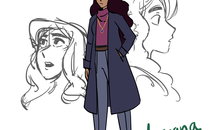 Digital drawing of a brown-skinned woman with dark wavy hair wearing a dark trench coat, a magenta sweater, gray slacks, and brown shoes. There is a pendant on her chest hanging from a chain around her neck.