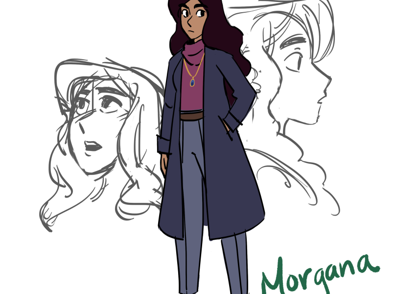 Digital drawing of a brown-skinned woman with dark wavy hair wearing a dark trench coat, a magenta sweater, gray slacks, and brown shoes. There is a pendant on her chest hanging from a chain around her neck.