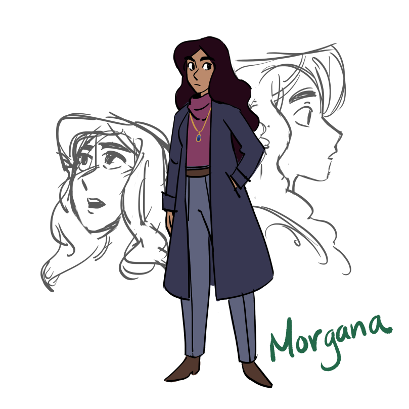 Digital drawing of a brown-skinned woman with dark wavy hair wearing a dark trench coat, a magenta sweater, gray slacks, and brown shoes. There is a pendant on her chest hanging from a chain around her neck.