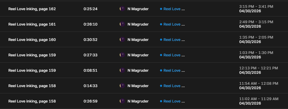 A screen cap of Toggl Track logging time spent drawing a graphic novel.