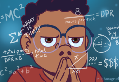 Cartoony drawing of a Black woman with glasses wearing an expression of deep thought, her steepled fingers hiding her mouth. Equations float around her head.