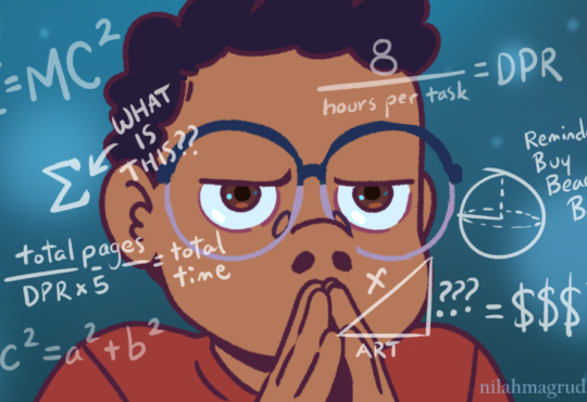 Cartoony drawing of a Black woman with glasses wearing an expression of deep thought, her steepled fingers hiding her mouth. Equations float around her head.