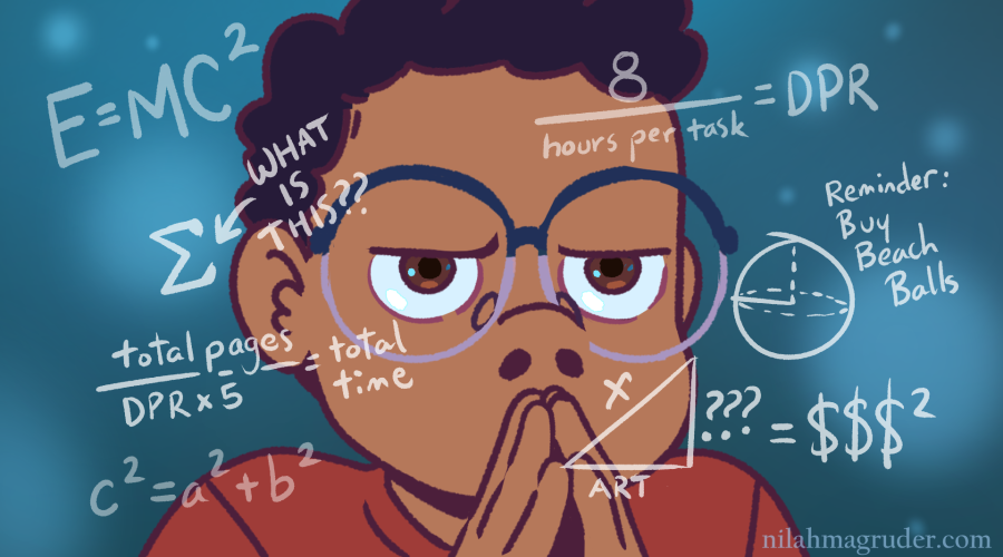 Cartoony drawing of a Black woman with glasses wearing an expression of deep thought, her steepled fingers hiding her mouth. Equations float around her head.