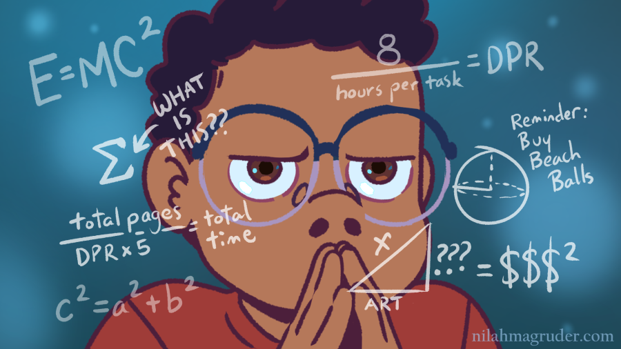Cartoony drawing of a Black woman with glasses wearing an expression of deep thought, her steepled fingers hiding her mouth. Equations float around her head.