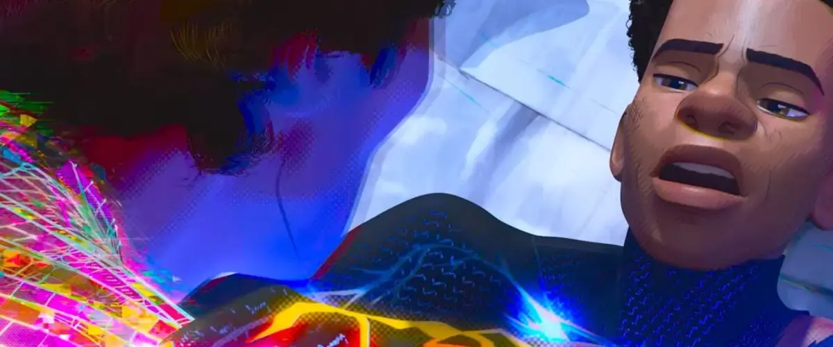 A screenshot from Spider-Man: Across the Spider-Verse. Miguel O'Hara has pounced on top of Miles Morales. Miles looks up at him and says "Nah, imma do my own thing."