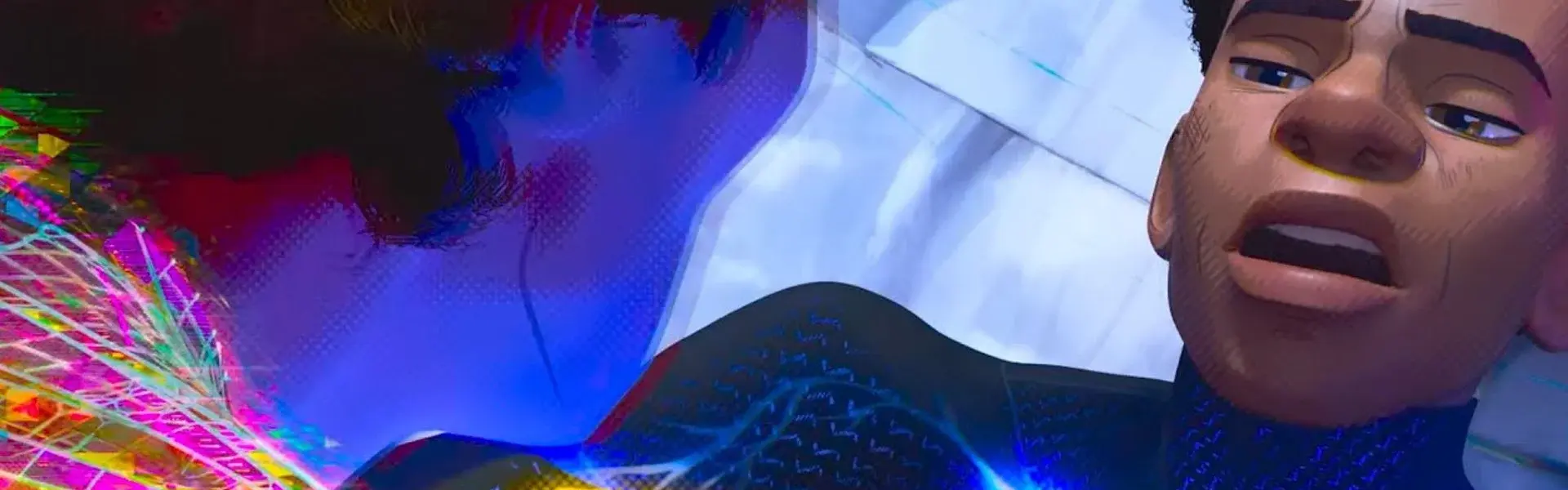 A screenshot from Spider-Man: Across the Spider-Verse. Miguel O'Hara has pounced on top of Miles Morales. Miles looks up at him and says "Nah, imma do my own thing."