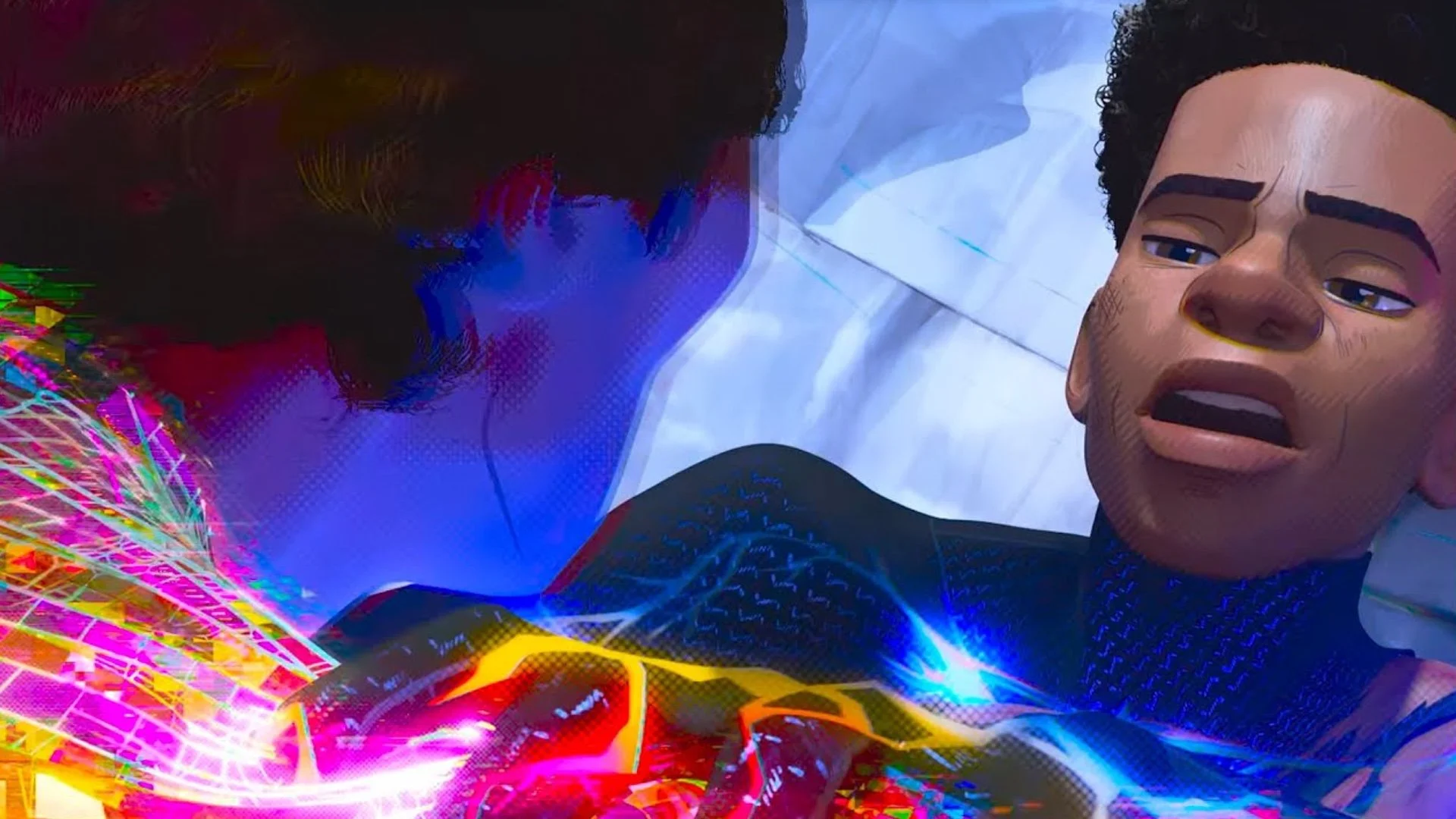 A screenshot from Spider-Man: Across the Spider-Verse. Miguel O'Hara has pounced on top of Miles Morales. Miles looks up at him and says "Nah, imma do my own thing."